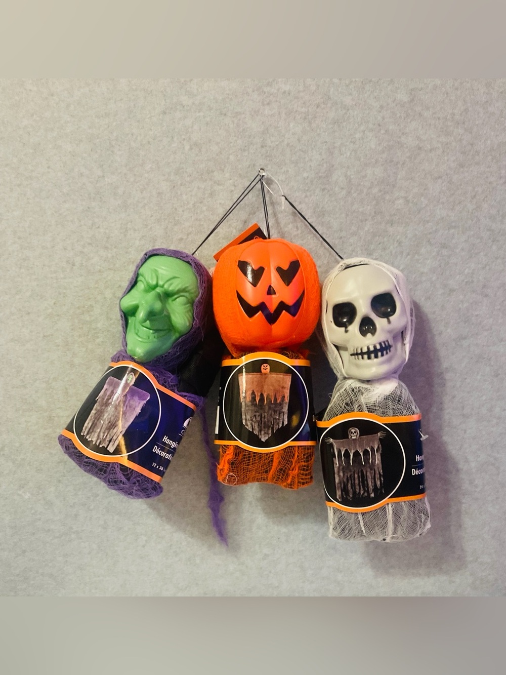 NWT Set of 3 Halloween Hanging Decor Witch Pumpkin Skeleton Mesh Ghoul Props